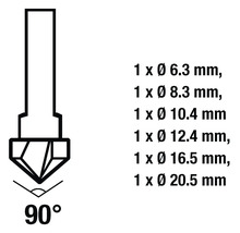 Foret à chanfreiner avec un angle de 90 degrés et indications de taille