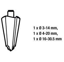 Stufenbohrer Größen 3 bis 14 Millimeter, 4 bis 20 Millimeter und 16 bis 30,5 Millimeter