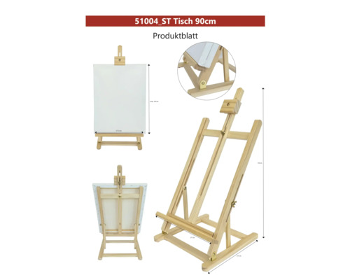 Tischestaffelei aus Holz mit Leinwand und Maßangaben