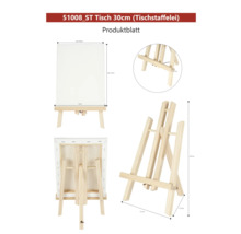 Tischstaffelei aus Holz mit Leinwand und Maßangaben