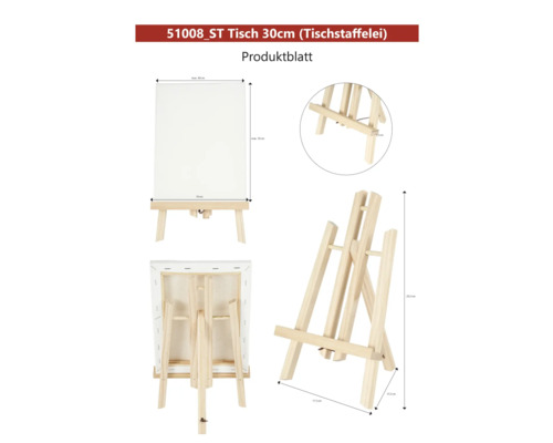 Tischstaffelei aus Holz mit Leinwand und Maßangaben