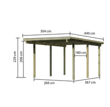 Abmessungen des Holzcarports: 490 mal 304 mal 229 cm