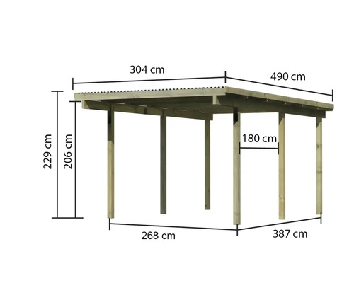 Abmessungen des Holzcarports: 490 mal 304 mal 229 cm