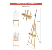 Atelierstaffelei aus Holz mit verstellbarer Höhe.