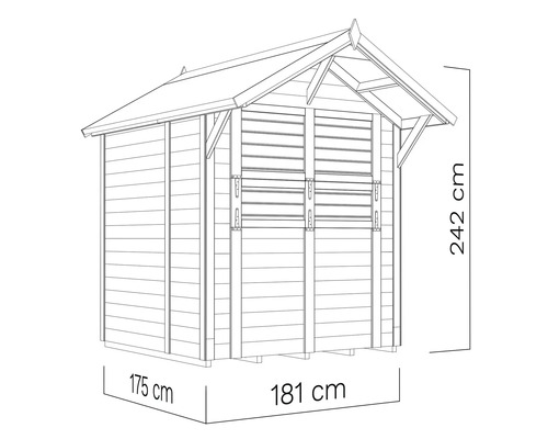 Dessin d'un abri de jardin mesurant 175 cm sur 181 cm sur 242 cm.