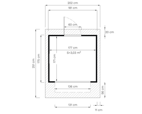 Plan avec dimensions en centimètres et mètres carrés