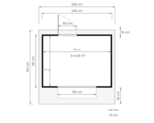 Plan avec dimensions en centimètres et mètres carrés