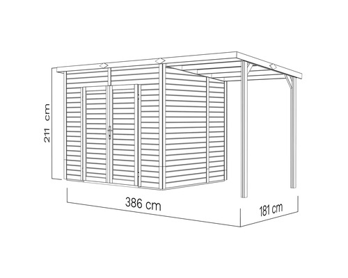 Image d'un abri de jardin mesurant 386 cm de long, 211 cm de haut et 181 cm de large