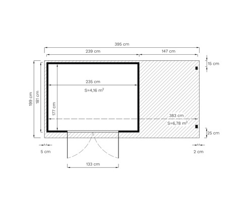 Plan avec dimensions en centimètres et surfaces en mètres carrés