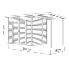 Illustration d'un abri de jardin avec les dimensions suivantes : 211 cm de hauteur, 386 cm de largeur et 181 cm de profondeur.