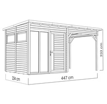 Illustration d'un abri de jardin avec carport et indications de dimensions