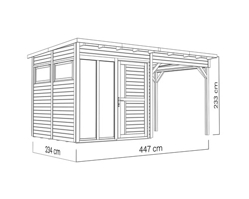 Illustration d'un abri de jardin avec carport et indications de dimensions