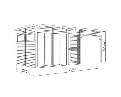 Illustration d'un abri de jardin avec des dimensions de 234 cm de large, 558 cm de long et 233 cm de haut