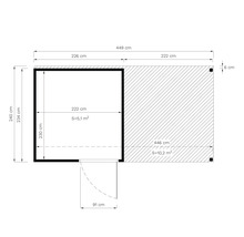 Schéma technique d'un abri de jardin avec indications de dimensions