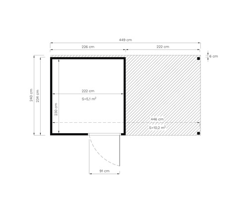 Schéma technique d'un abri de jardin avec indications de dimensions