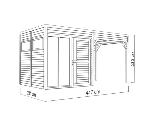 Illustration d'un abri de jardin avec des dimensions de 234 cm x 447 cm x 232 cm