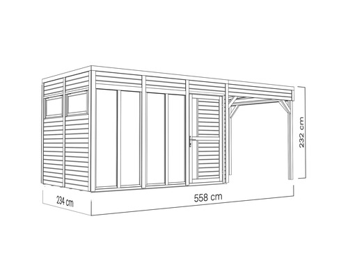 Image d'un abri de jardin avec carport et indications de dimensions