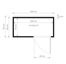 Plan avec des dimensions de 234 centimètres de large, 121 centimètres de haut et une superficie de 2,55 mètres carrés.