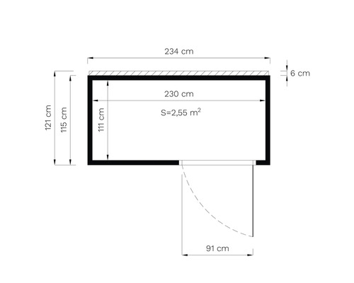 Plan avec des dimensions de 234 centimètres de large, 121 centimètres de haut et une superficie de 2,55 mètres carrés.