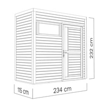 Dessin d'un abri de jardin avec les dimensions 115 cm x 234 cm x 232 cm