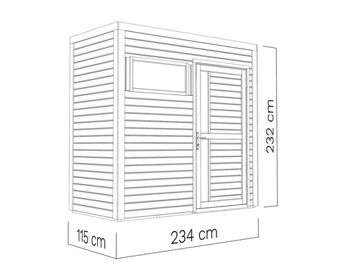 Dessin d'un abri de jardin avec les dimensions 115 cm x 234 cm x 232 cm