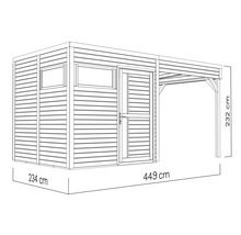 Illustration d'un abri de jardin avec auvent et dimensions : 234 cm de large, 449 cm de long et 232 cm de haut.