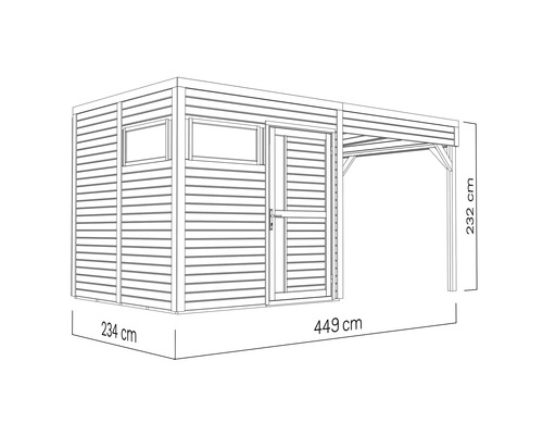 Illustration d'un abri de jardin avec auvent et dimensions : 234 cm de large, 449 cm de long et 232 cm de haut.