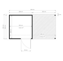 Plan d'un abri de jardin mesurant 449 sur 446 centimètres et d'une superficie de 15,3 mètres carrés