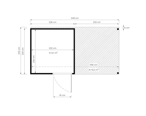 Plan d'un abri de jardin mesurant 449 sur 446 centimètres et d'une superficie de 15,3 mètres carrés