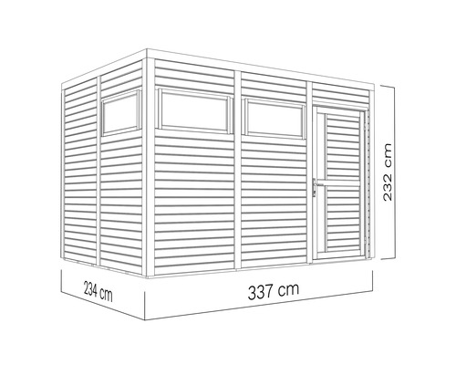 Vue de dessus d'un abri de jardin avec des dimensions de 234 cm, 337 cm et 232 cm