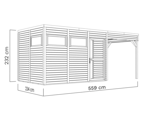 Illustration d'un abri de jardin avec auvent et dimensions