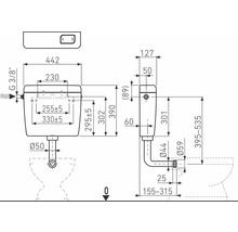 Dessin technique d'un réservoir de chasse d'eau avec indication des dimensions