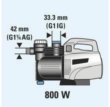 Schéma technique d'une pompe de jardin de 800 watts avec indication des dimensions.