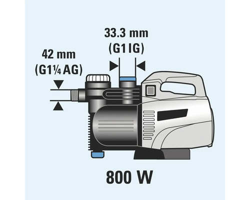 Schéma technique d'une pompe de jardin de 800 watts avec indication des dimensions.