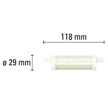 Abbildung einer LED Lampe mit den Maßen 118 mm Länge und 29 mm Durchmesser.