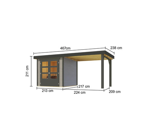 Image d'un abri de jardin avec carport et indications de taille en centimètres
