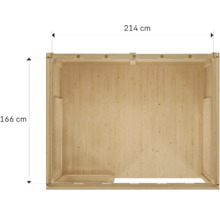 Vue d'une maison en bois mesurant 214 centimètres sur 166 centimètres.