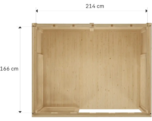 Vue d'une maison en bois mesurant 214 centimètres sur 166 centimètres.