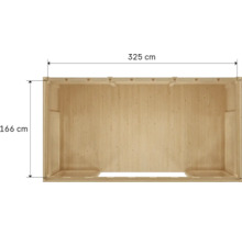 Vue de dessus d'une maison en bois mesurant 325 sur 166 centimètres.