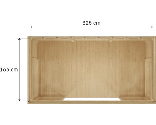 Vue de dessus d'une maison en bois mesurant 325 sur 166 centimètres.