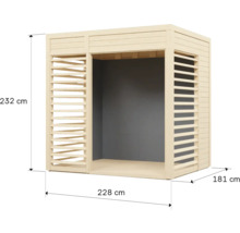 Abri de jardin en bois avec des dimensions de 232 cm de hauteur, 228 cm de longueur et 181 cm de largeur