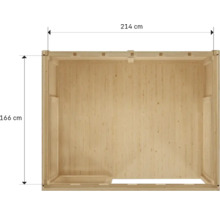 Vue intérieure d'une cabane de jardin en bois mesurant 214 sur 166 centimètres.