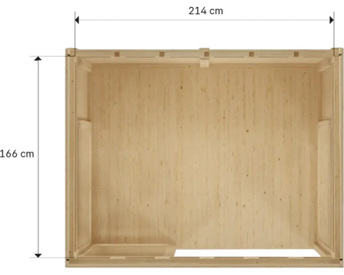Vue intérieure d'une cabane de jardin en bois mesurant 214 sur 166 centimètres.
