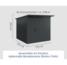 Abmessungen des Gartenhauses mit Pultdach: 214 cm Breite, 214 cm Tiefe, 204 cm Höhe und circa 7,98 Kubikmeter Bruttorauminhalt