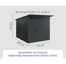 Abmessungen eines Gerätehauses mit Pultdach, Gesamthöhe 212 cm, Breite 262 cm, Tiefe 214 cm, Bruttorauminhalt circa 10,04 Kubikmeter