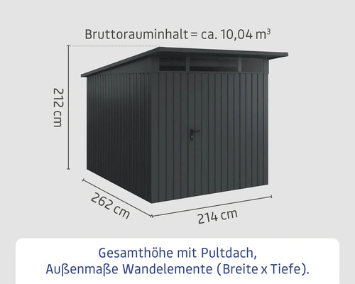 Abmessungen eines Gerätehauses mit Pultdach, Gesamthöhe 212 cm, Breite 262 cm, Tiefe 214 cm, Bruttorauminhalt circa 10,04 Kubikmeter