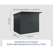 Metall Gerätehaus mit Pultdach und Größenangaben