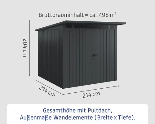 Abbildung eines Geräteschuppens mit den Maßen 214 mal 214 mal 204 Zentimeter.