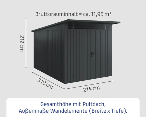 Abmessungen Gartenhaus: Höhe 212 cm, Breite 310 cm, Tiefe 214 cm
