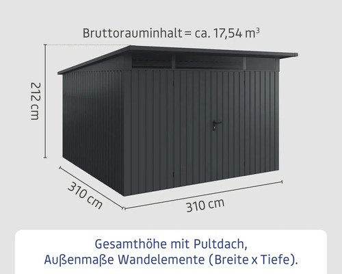 Abmessungen Gartenhaus mit Pultdach, Gesamtvolumen circa 17,54 Kubikmeter